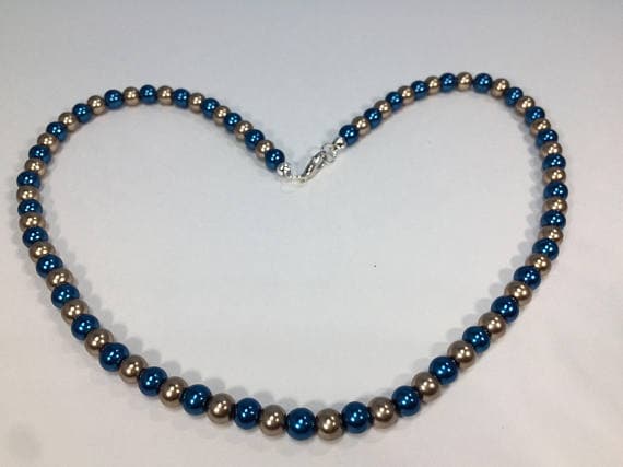 925 sterling Silver Handmade Beaded 4-5mm stacking Blue & Gold Blue and Gold Pearl Necklace Round, Smooth 16" for mens, womens, gf, bf & Adult.