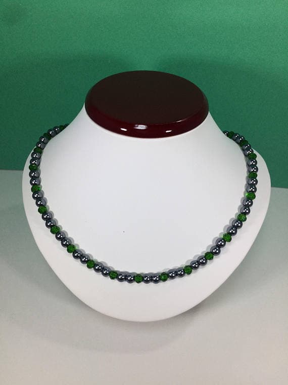 925 sterling Silver good luck gift 3-4mm stacking Green & Black Tsavorite and Pearl  Necklace Rondelle, Faceted 16" for mens, womens, gf, bf & Adult.