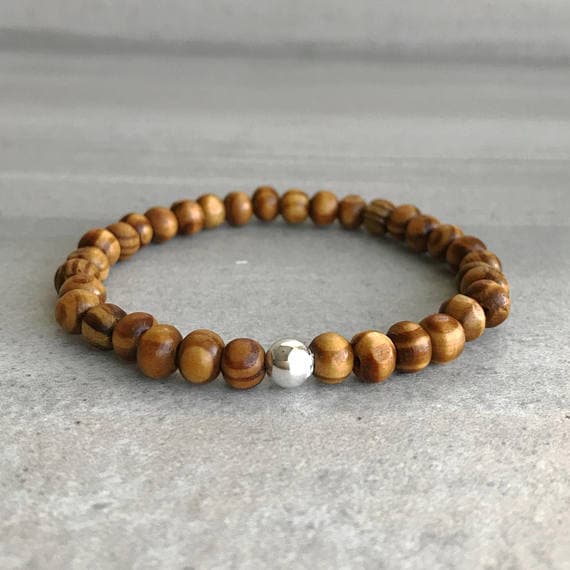 925 sterling silver Empath Protection 6mm Red Brown Olive Wood Stretchable Bracelet Round, Smooth 18cm for mens, womens, gf, bf and adults.