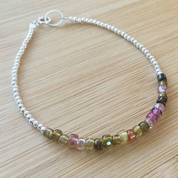 925 sterling Silver Artisan Loose 2mm stacking Multi Tourmaline Bracelet Rondelle, Smooth 7" for mens, womens.