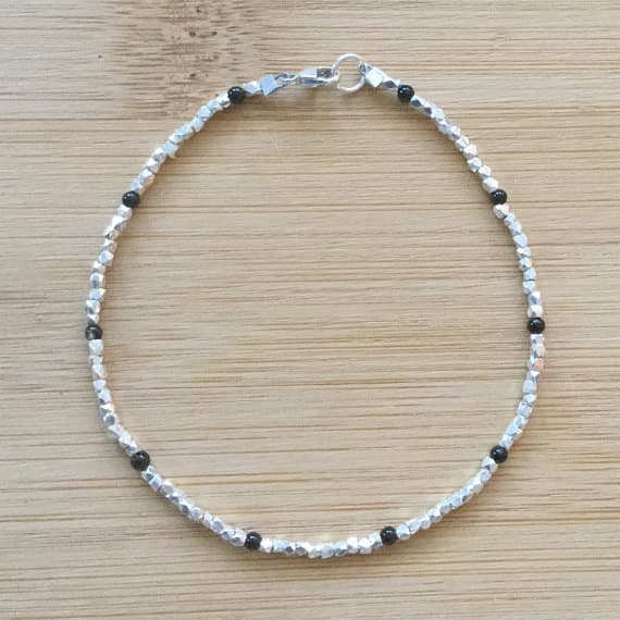 925 sterling Silver Handmade Beaded 2mm stacking Silver Black and Silver  Bracelet Fancy, Faceted 7" for mens, womens.