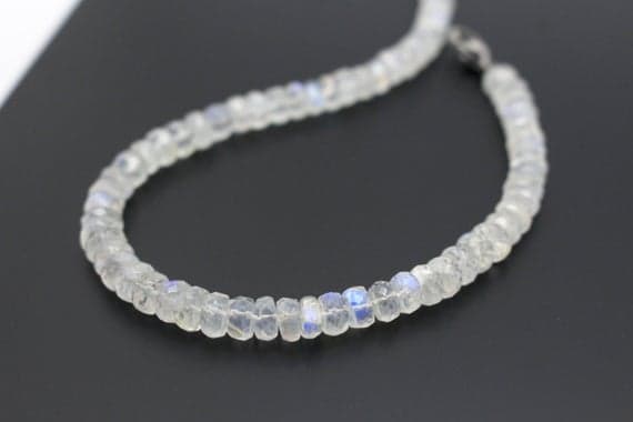925 sterling Silver Dainty Slave Loose 6mm stacking White Rainbow moonstone Bracelet Rondelle, Faceted 7" for mens, womens.