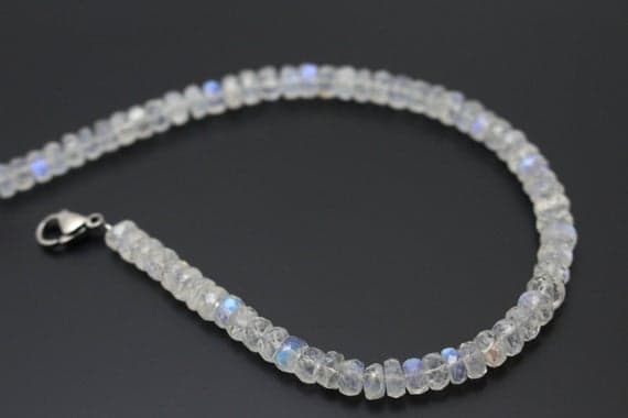 925 sterling Silver Rock Gift 5mm stacking White Rainbow moonstone Bracelet Rondelle, Faceted 7" for mens, womens.