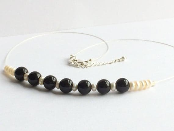 925 sterling Silver chakras simple 4-8mm stacking Black & White Black onyx and freshwater pearl Necklace Round & Rondelle, Smooth 17" for mens, womens, gf, bf & Adult.