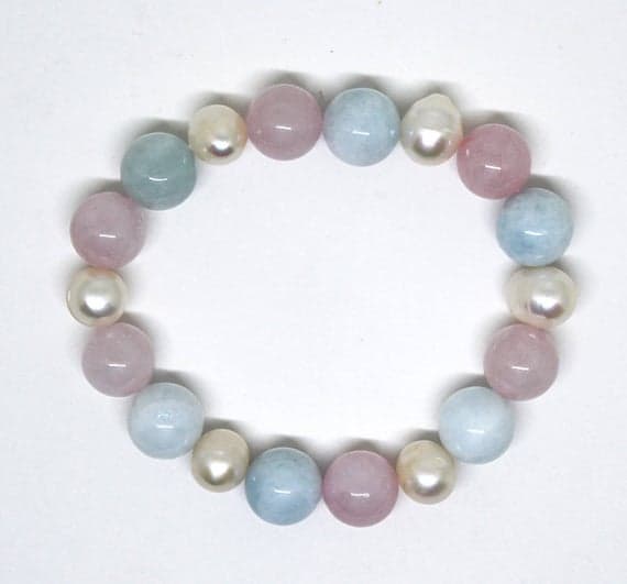 Wholesale 12mm Stretchable Multi Rose quartz & aquamarine & Pearl Bracelet Round, Smooth 7.5" for mens, womens, GF, BF, Adults.