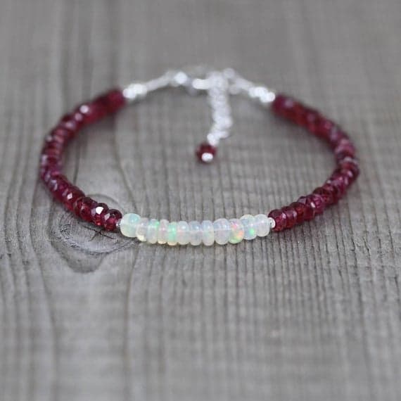 925 sterling Silver Jewelry Energy Silver Helling 3.5mm stacking Multi Ethiopian Welo Opal & Rhodolite Garnet Bracelet Rondelle, Faceted & Smooth 7" for mens, womens, gf, bf & Adult.