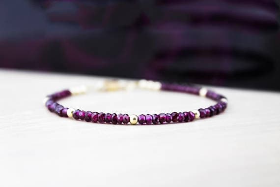 24k gold Plated Bridesmaid Jewelry Gold Helling 3mm stacking Purple GARNET Bracelet Round, Faceted 7" for mens, womens.