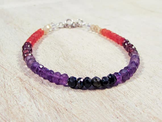 Purple Orange Red Bracelet, Black Tourmaline Amethyst Carnelian Bracelet, Rainbow Bracelet, Colorful Stone, Ombre Beaded, Multicolor, boho 3.5-4 mm Code- WAR6750