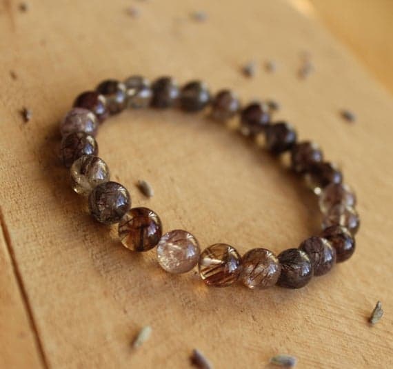 Rock Gift 8mm Stretchable White Rutilated Quartz  Bracelet Round, Smooth 7" for mens, womens.