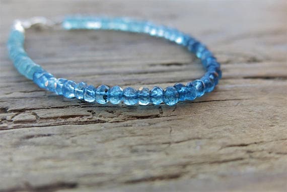 925 sterling Silver Handmade Beaded 4mm stacking Blue Apatite Bracelet Rondelle, Faceted 7" for mens, womens, gf, bf & Adult.