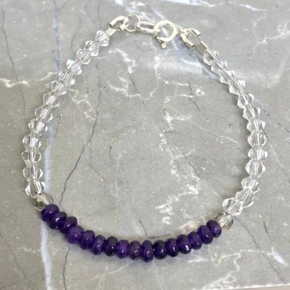 Dark Purple Quartzite Faceted Gemstone & Clear Swarovski Crystal 925 sterling silver bracelet 3x4mm  Code- WAR6617