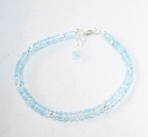 925 sterling Silver chakras simple Silver Helling 4mm stacking Aqua  Natural Aquamarine  Bracelet Rondelle, Faceted 7" for mens, womens.