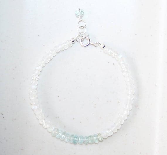 925 sterling Silver memorial gift 4-5mm stacking White Moonstone and Aquamarine Bracelet Rondelle, Faceted 7" for mens, womens.