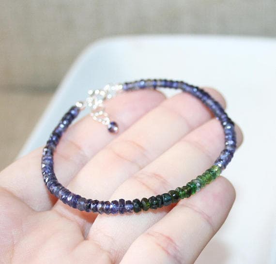 925 sterling Silver Bridesmaid Jewelry 3-3.5mm stacking Multi Iolite and Green Tourmaline  Bracelet Rondelle, Faceted 7" for mens, womens.