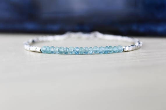 925 sterling Silver Unique Wedding Gift 3.5mm stacking Sky Blue Apatite Bracelet Round, Faceted 7" for mens, womens.