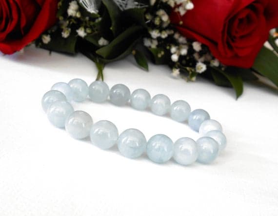 Bridesmaid Jewelry 10mm Sky Blue Natural Aquamarine  Stretchable Bracelet Round, Smooth 18cm for mens, womens, gf, bf and adults.