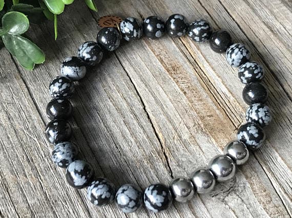 top quality 8mm Stretchable black Snowflake Obsidiane & Hematite Bracelet Round, Smooth 7" for mens, womens, GF, BF, Adults.