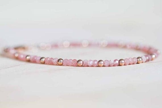 24k gold good luck gift 3 mm Pink Rhodochrosite stacking Bracelet Rondelle, Faceted 18cm for mens, womens, gf, bf and adults.