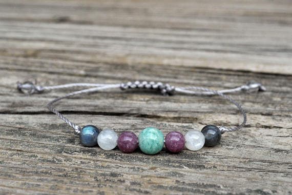 Jewelry Energy, Crystal helling 8mm adjustable Multi Amazonite, Lepidiolite, Moonstone, Labradorite Bracelet Round, Smooth 7" for mens, womens, GF, BF, Adults.