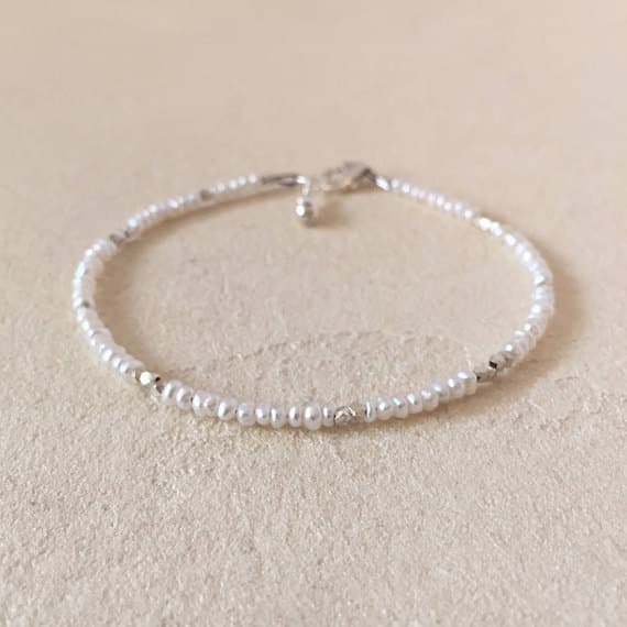 Rice Pearl Karen Hill Tribe Thai Silver Beaded Stacking Bracelet, Sundance Style, Dainty Bracelet, June Birthday, June Birthstone 3mm Code- WAR6432
