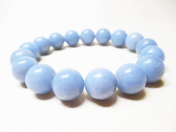 Blush Jewelry 10mm Stretchable blue Angelite Bracelet Round, Smooth 7.5" for mens, womens, GF, BF, Adults.