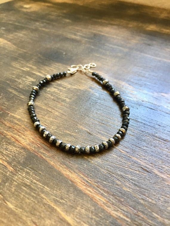 925 sterling Silver Jewelry Energy 3-4mm stacking Black Black Spinel, Hematite Bracelet Rondelle, Faceted 7" for mens, womens, gf, bf & Adult.