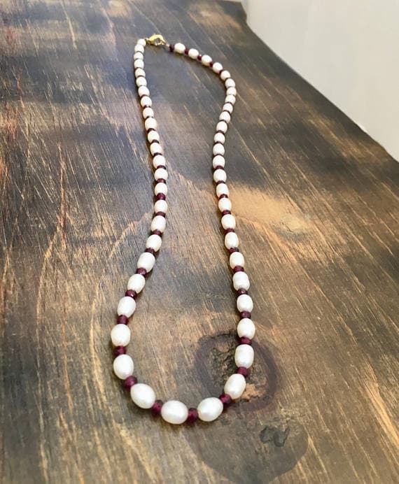 24k gold Plated love beach youth 3-8mm stacking Red & White Pearl, Garnet Necklace Round, Faceted & Smooth 21" for mens, womens, gf, bf & Adult.