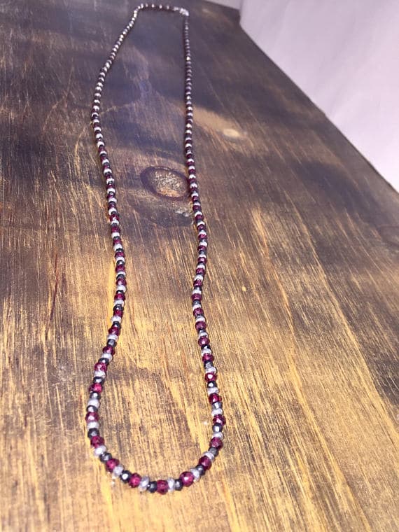 925 sterling Silver Anniversary Gift 3-4mm stacking Multi Garnet, Black Spinel, Hematite Necklace Rondelle, Faceted 34" for mens, womens, gf, bf & Adult.
