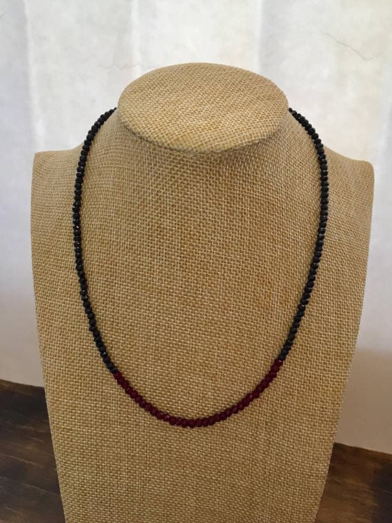 925 sterling Silver Bridesmaid Jewelry 3-4mm stacking Black & Red Garnet, Black Spinel Necklace Rondelle, Faceted 17" for mens, womens, gf, bf & Adult.