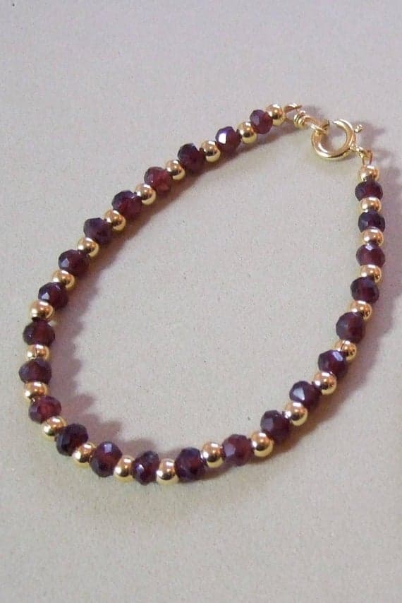 Natural Garnet Gem, January & Aquarius Birthstone, and Gold Vermeil Bead 7" Bracelet 3-5mm Code- WAR6154