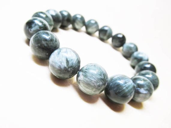 Anxiety Gemstone 12mm Stretchable green Seraphinite Bracelet Round, Smooth 7.5" for mens, womens, GF, BF, Adults.