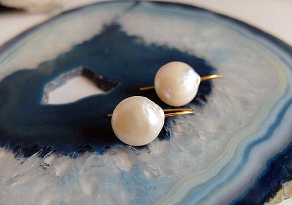 AAA++ Rare Quality Drop large coin pearl earrings,Gold  filled simple earwire baroque ivory pearl earrings minimal modern pearl earrings, large white coin pearl 1.60 cm Code- TJH208