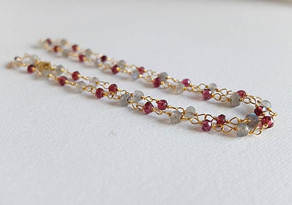 AAA++ Rare Quality Gold  filled Rosary Necklace with pink garnet and labradorite roundels,Gold  filled handcrafted,rosary style,pink and grey gemstones,Gold  3 mm Code- TJH156