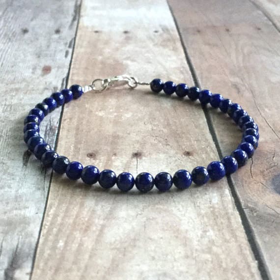 925 sterling silver Anxiety Relief Calming 4mm Blue Lapis Lazuli stacking Bracelet Round, Smooth 18cm for mens, womens, gf, bf and adults.