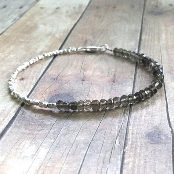 925 sterling silver Artisan Loose 4mm Brown Smoky Quartz  stacking Bracelet Rondelle, Faceted 18cm for mens, womens, gf, bf and adults.