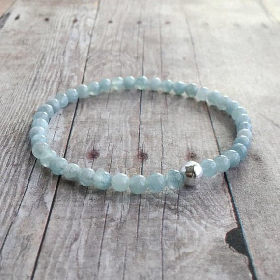 925 sterling silver Positive Energy 4mm Sky Blue Aquamarine Stretchable Bracelet Round, Smooth 18cm for mens, womens, gf, bf and adults.