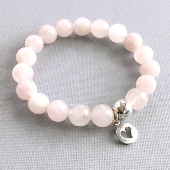 925 sterling silver love beach youth 8mm Pink Rose Quartz Stretchable Bracelet Round, Smooth 18cm for mens, womens, gf, bf and adults.