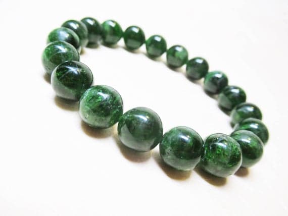 Handmade Beaded 10mm Stretchable green Diopside Bracelet Round, Smooth 7.5" for mens, womens, GF, BF, Adults.