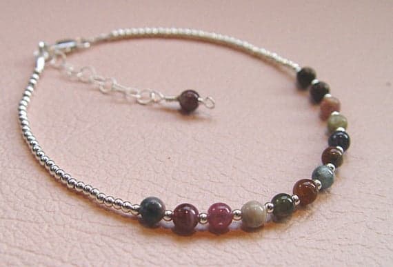 Multi Colour Tourmaline beaded Gemstone adjustable extention chain Sterling Silver Bracelet Friendship Stacking 7" - 8" Boxed Code- WAR6117