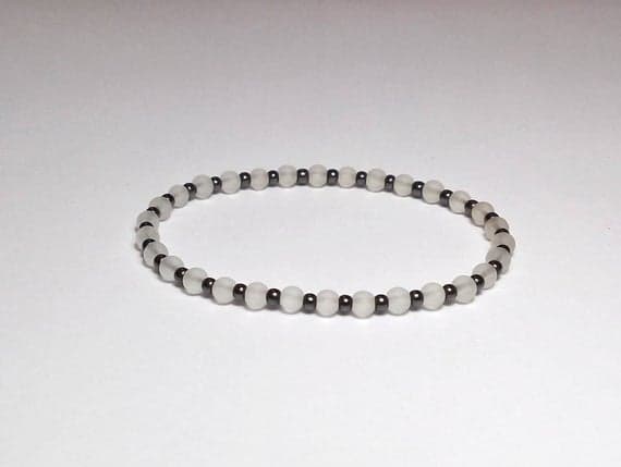 925 sterling silver Jewelry Energy 4mm White CLEAR QUARTZ Mat  Stretchable Bracelet Round, Smooth 18cm for mens, womens, gf, bf and adults.