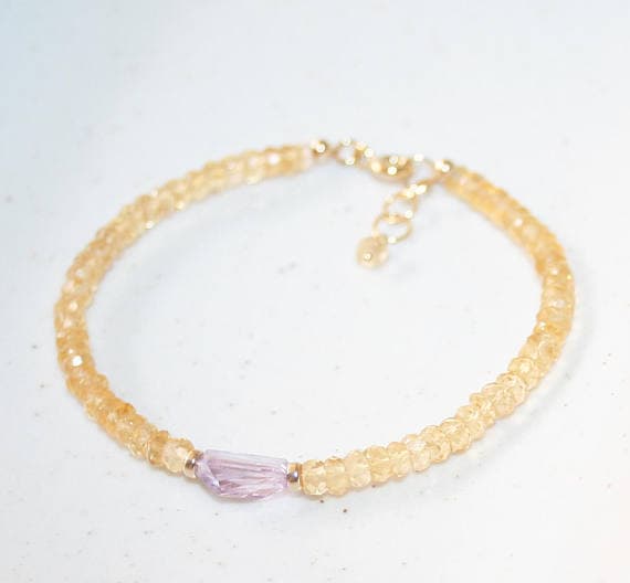 24k gold Plated Anxiety Relief Calming 4-6mm stacking Yellow Citrine and Amethyst Bracelet Rondelle, Faceted 7" for mens, womens.