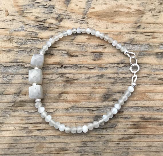 Gray Moonstone Bracelet- Moonstone Faceted Cubes- Energy Healing Jewelry-Sterling Silver- Boho- Stacking 3.5 mm Code- WAR6774