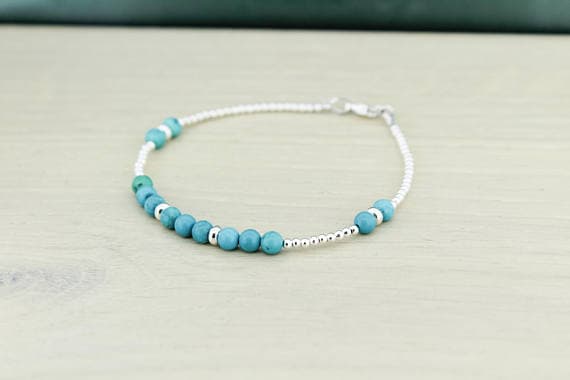 925 sterling Silver Anxiety Gemstone Silver Helling  4mnm stacking Blue TURQUOISE Bracelet Round, Smooth 7" for mens, womens.