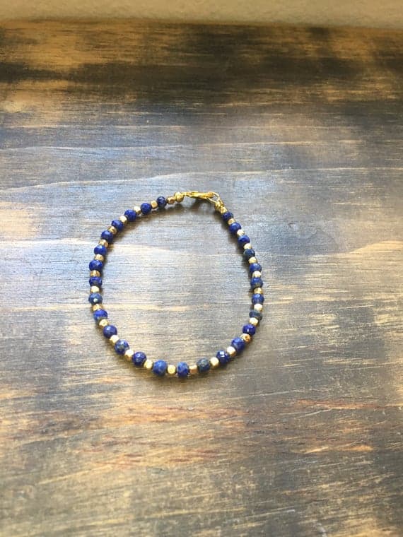 24k gold Plated Positive Energy Gold helling 3-5mm stacking Blue Lapis Lazuli  Bracelet Rondelle, Faceted 7" for mens, womens, gf, bf & Adult.