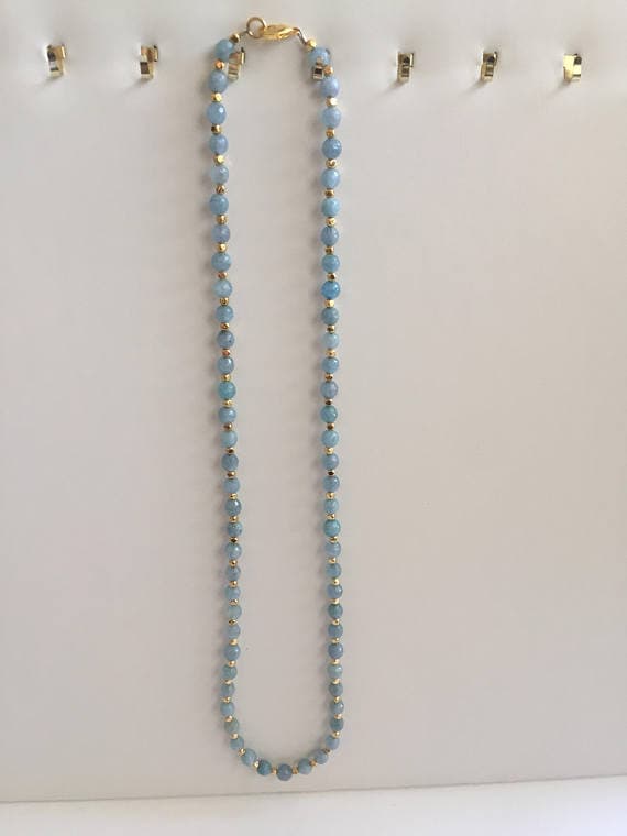 24k gold Plated chakras simple Gold Helling 2-5mm stacking Aqua Jade Necklace Round, Smooth 22" for mens, womens, gf, bf & Adult.