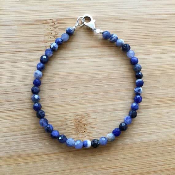 925 sterling Silver Artisan Loose 4mm stacking Blue Blue Sodalite  Bracelet Round, Faceted 7" for mens, womens.