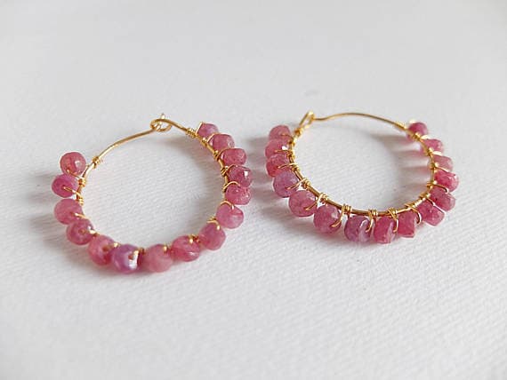 AAA++ Rare Quality Red ruby earrings,hoop gemstone Gold  filled wrapped earring,boho hoop beaded earrings,ruby jewelry,Tiny Gemstone Hoop Earrings,Genuine Ruby 3-4 mm Code- TJH207