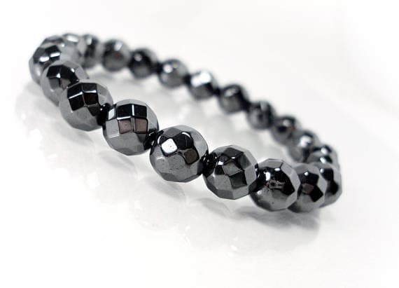 Anxiety Gemstone 8mm Stretchable Black Hematite Bracelet Round, Faceted 7" for mens, womens.