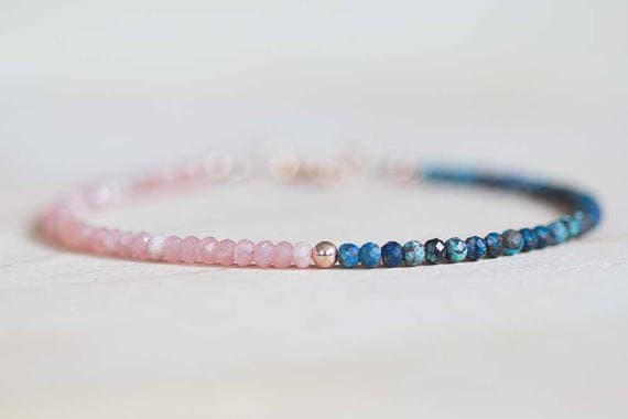 24k gold Artisan Loose 3mm Multi Colour Rhodochrosite & Chrysocolla stacking Bracelet Round, Faceted 18cm for mens, womens, gf, bf and adults.