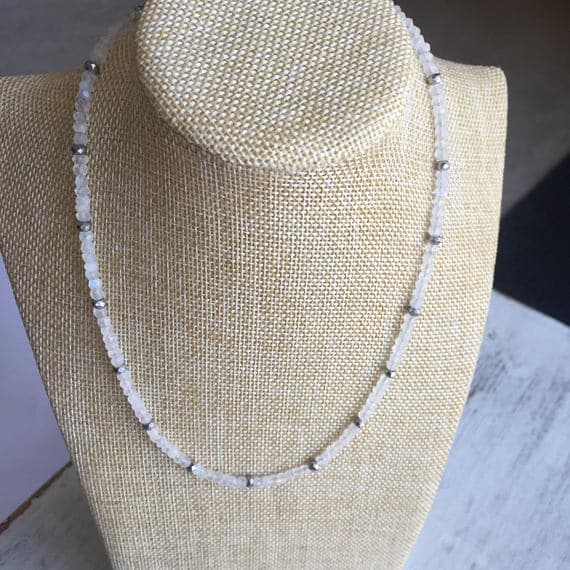 925 sterling Silver Rock Gift 3-4mm stacking White White Moonstone & Hematite Necklace Rondelle, Faceted 20" for mens, womens, gf, bf & Adult.